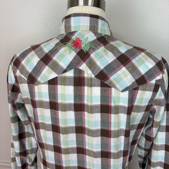 Shyanne Cotton Western Snap Front Brown Plaid Shirt Sz L Floral Embroidery Rodeo - Picture 10 of 17